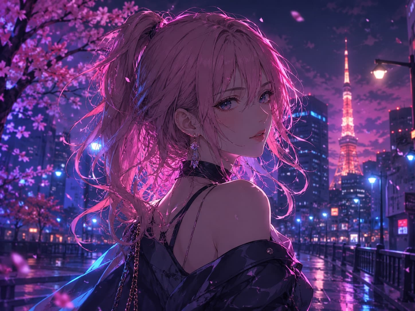 An anime-inspired AI girlfriend in a colorful city street, visual novel style, bright polished game UI.
