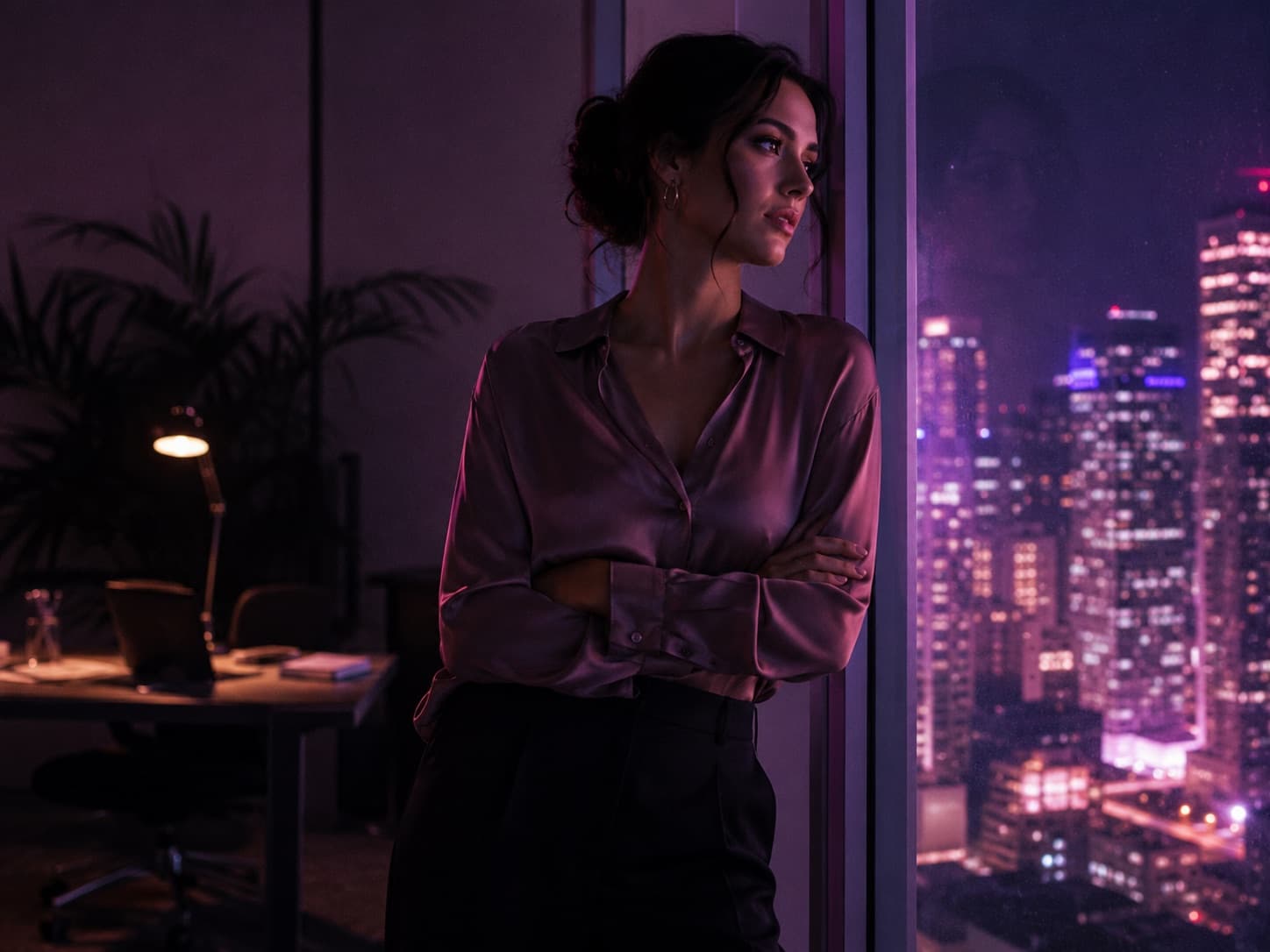 A stylish modern office at night with a confident AI woman standing near a window overlooking the city, warm neon lighting, romantic game art.