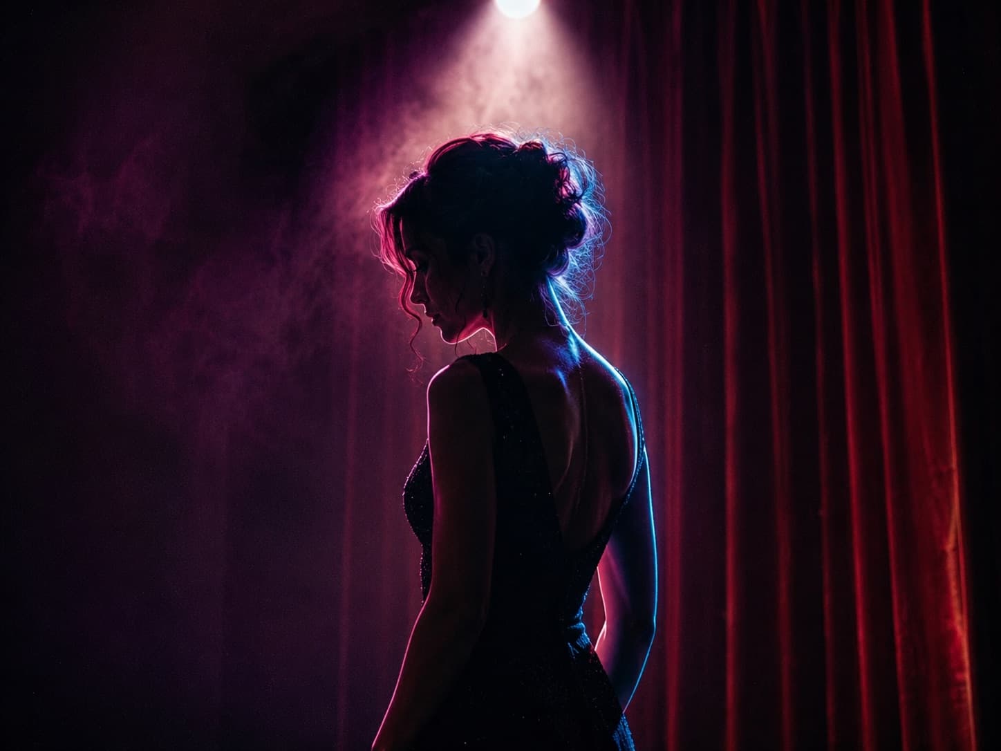 A luxury neon lounge with a confident AI woman, mature fantasy game atmosphere, tasteful adult style.