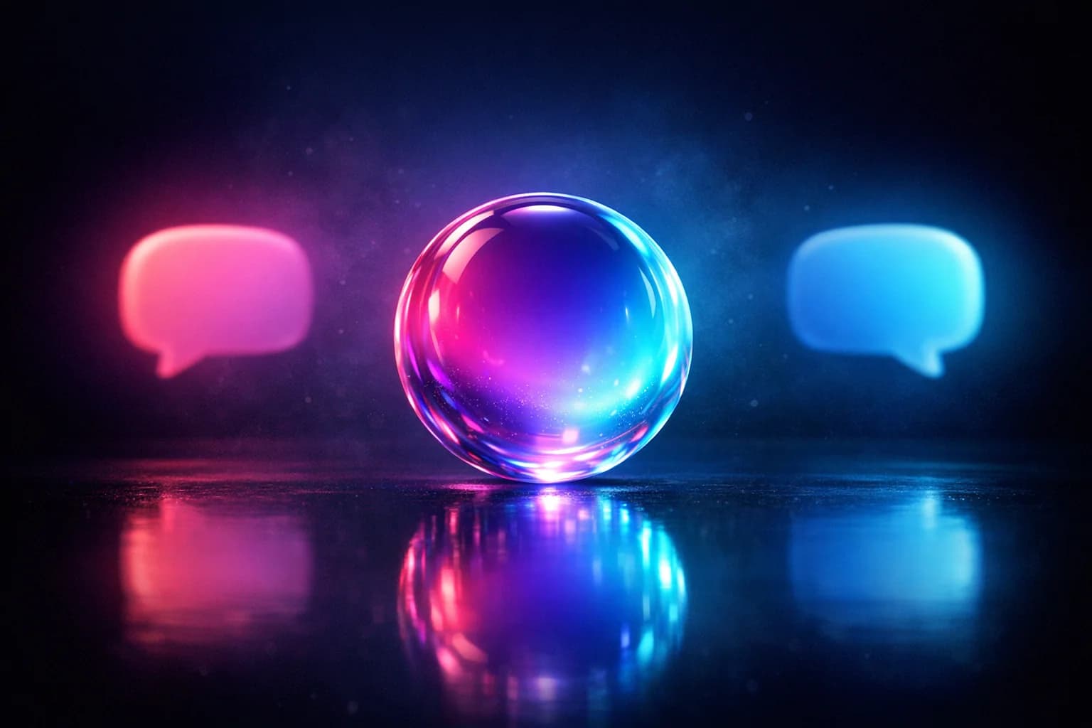 Glowing spectrum orb between two chat bubbles representing the full range of AI girlfriend games.