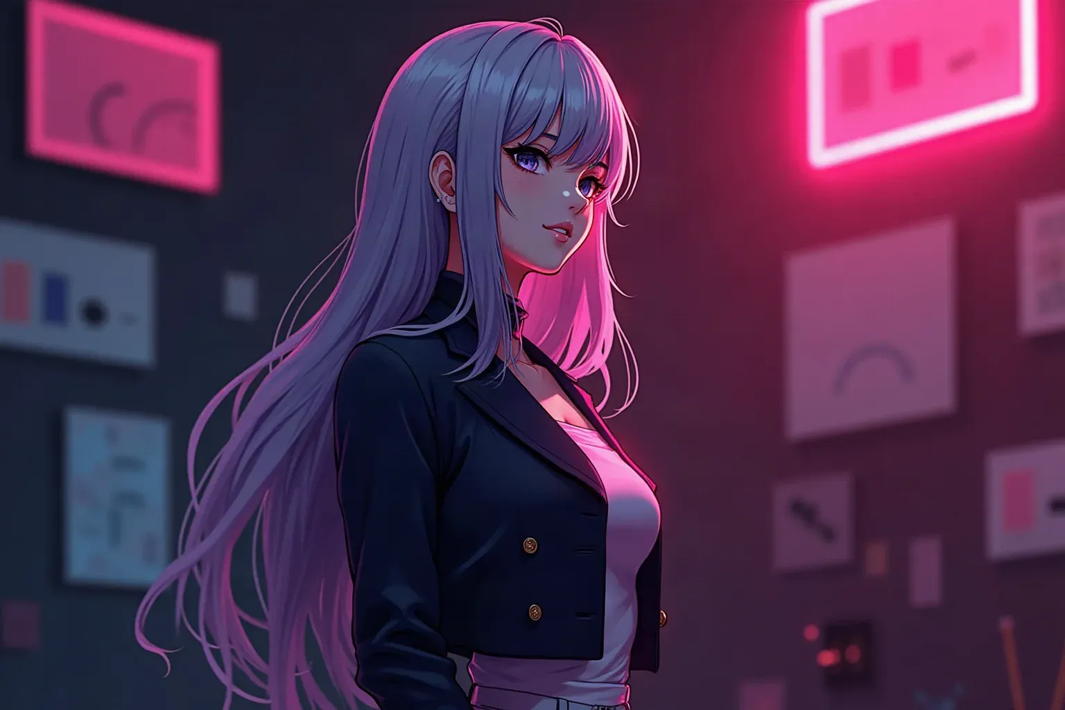 Adult anime-style woman with long silver-lavender hair and a dark cropped jacket standing in a neon-lit digital art studio surrounded by character sketches and colour swatches