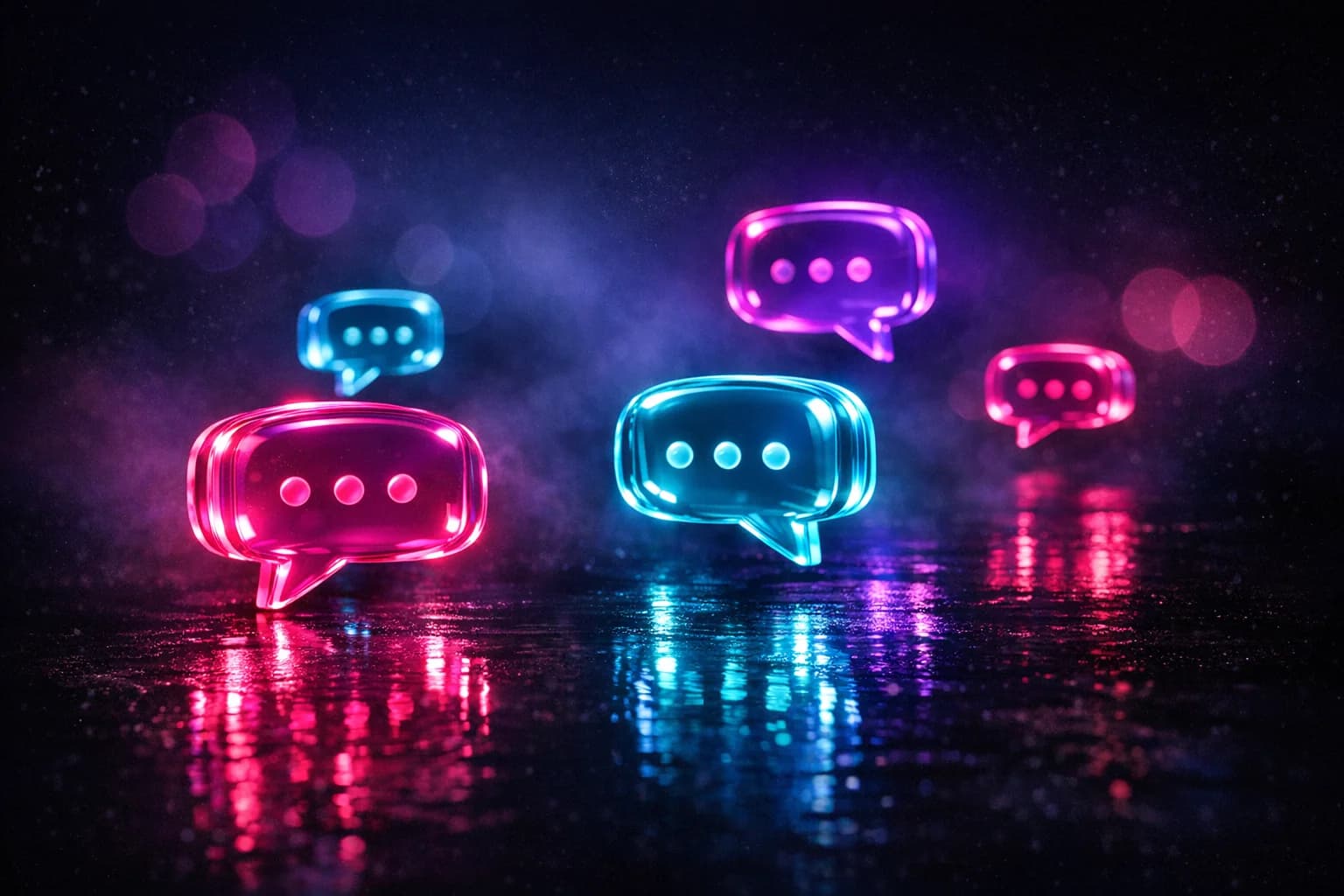 Glowing neon chat bubbles on a dark reflective surface, representing private uncensored AI girlfriend chat.