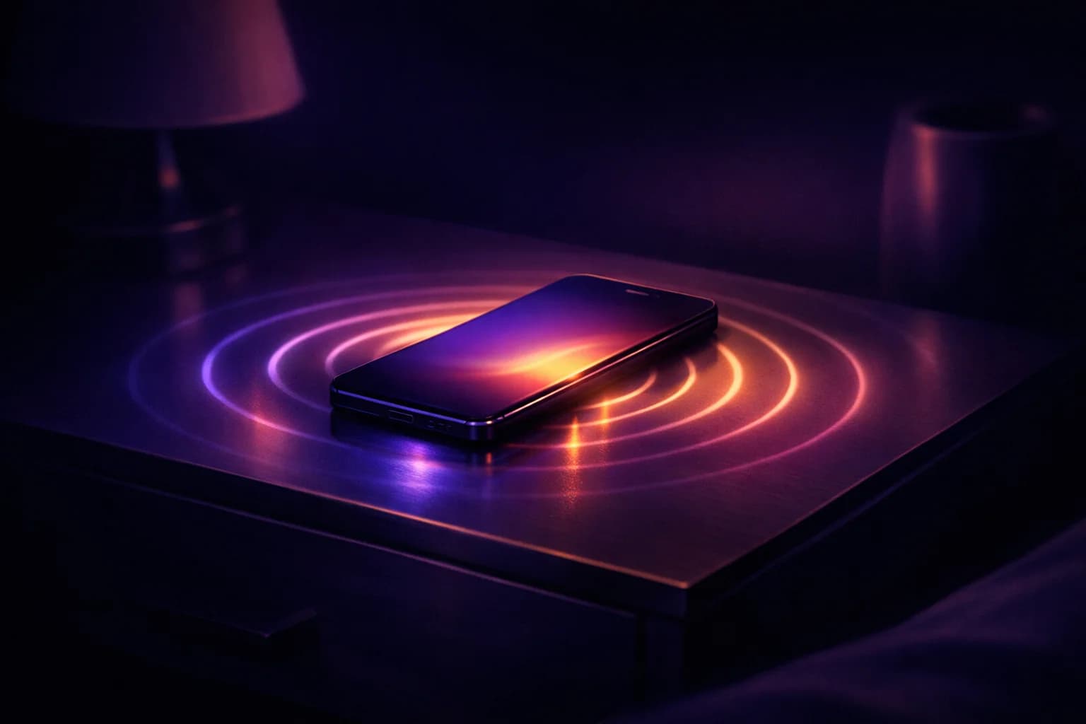 A phone glowing on a nightstand with radiating light — private, on-demand adult AI scenes.