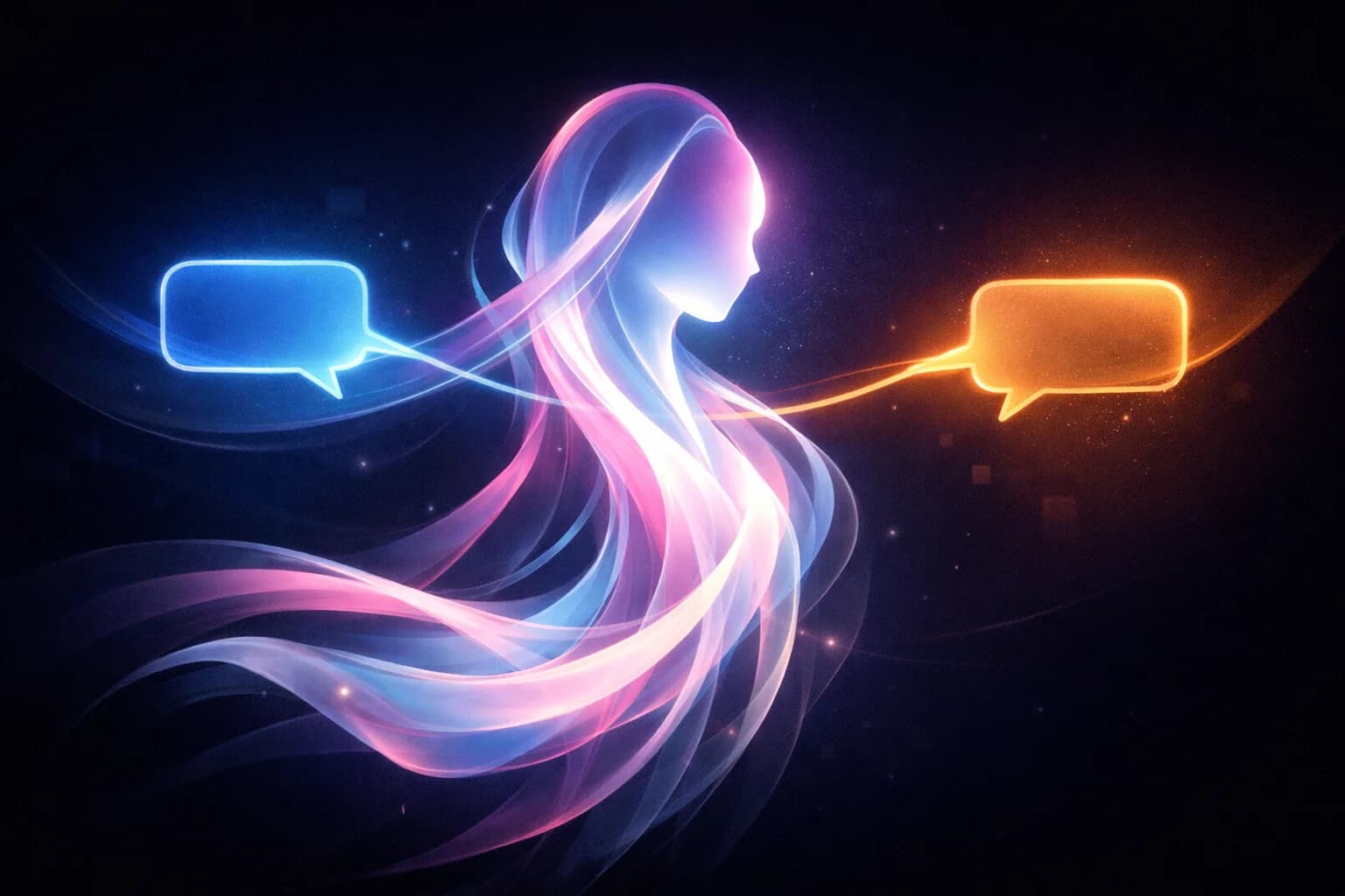 Glowing feminine silhouette between two chat bubbles, symbolizing an adult AI girlfriend companion.